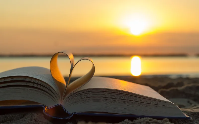 Open book with pages folded into a heart shape at sunset, symbolizing that loving someone means loving what they love